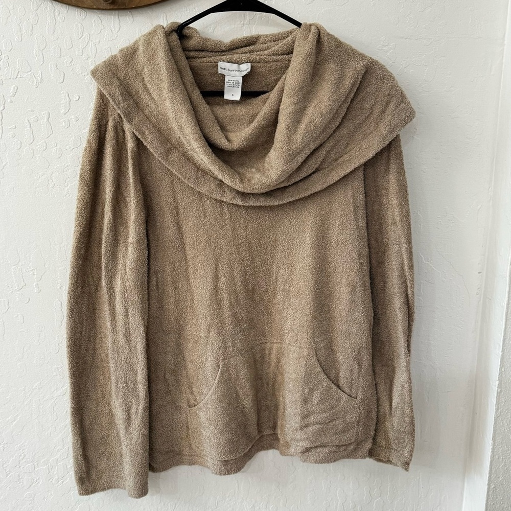 Soft Surroundings Tan Brown Cowl Neck Sherpa Teddy Pullover Sweater S